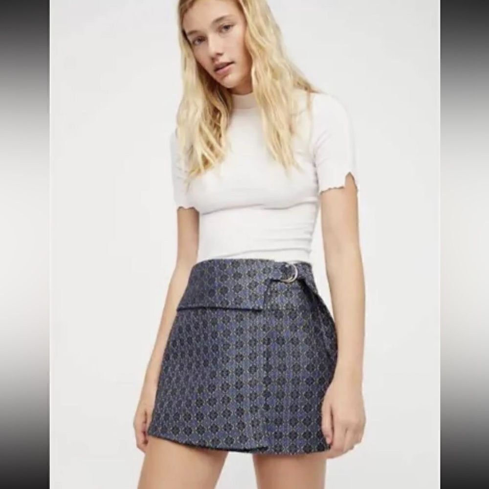 Free People All the Shine Mini Belted Blue Jacquard Wrap Overlay Skirt